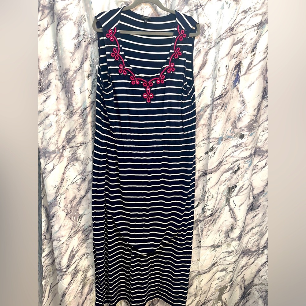 Talbots Maxi Dress Navy White Stripe Nautical Sleeveless pink Coastal Grandma